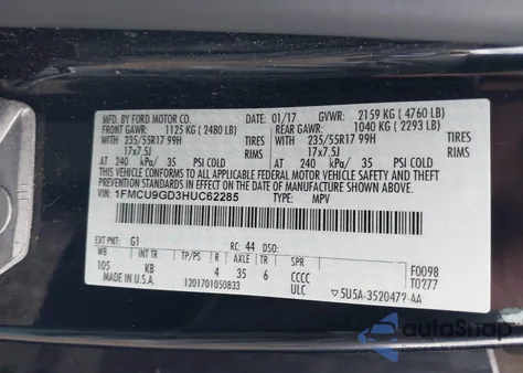 2017 Ford Escape Se из США, поврежденный, VIN 1FMCU9GD3HUC62285